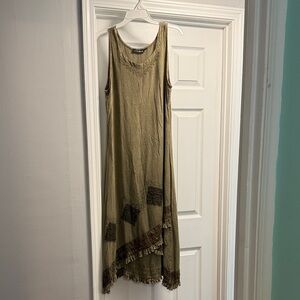 Olive Green Sleeveless Midi Dress with Patchwork Trim